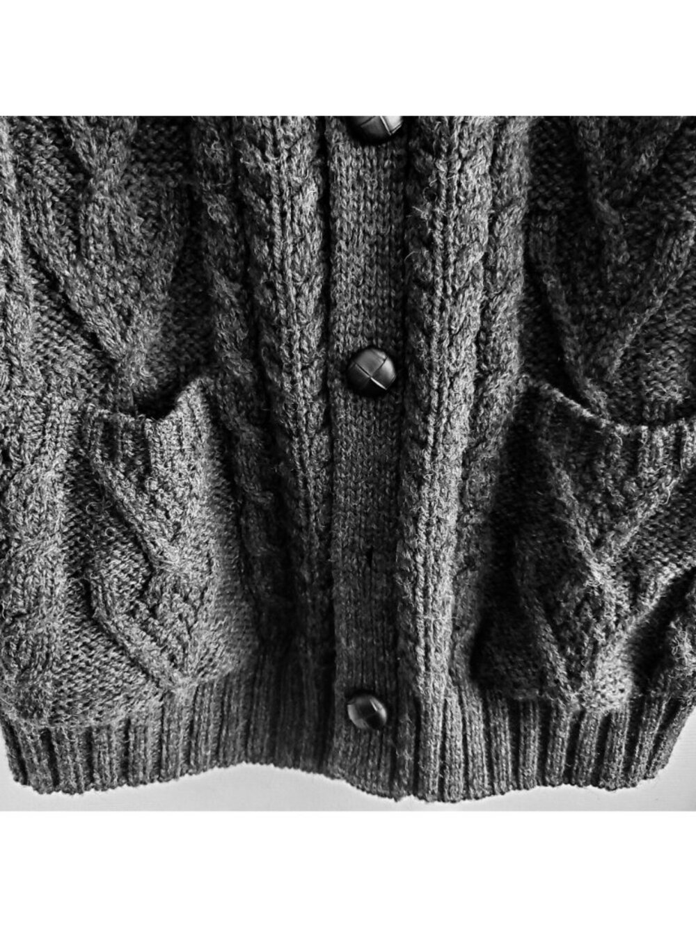 SAOL Merino Wool Cardigan L Made n Ireland Charcoal Leather Button Pristine Knit - Picture 9 of 11